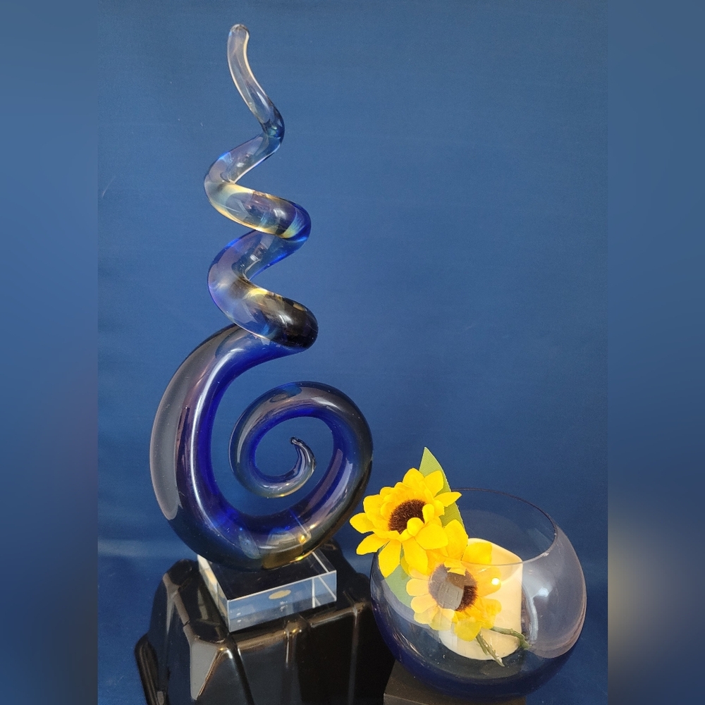 As New! Murano Style Blue &Gold Swirl Glass Sculpture w/Round Blue Glass Votive